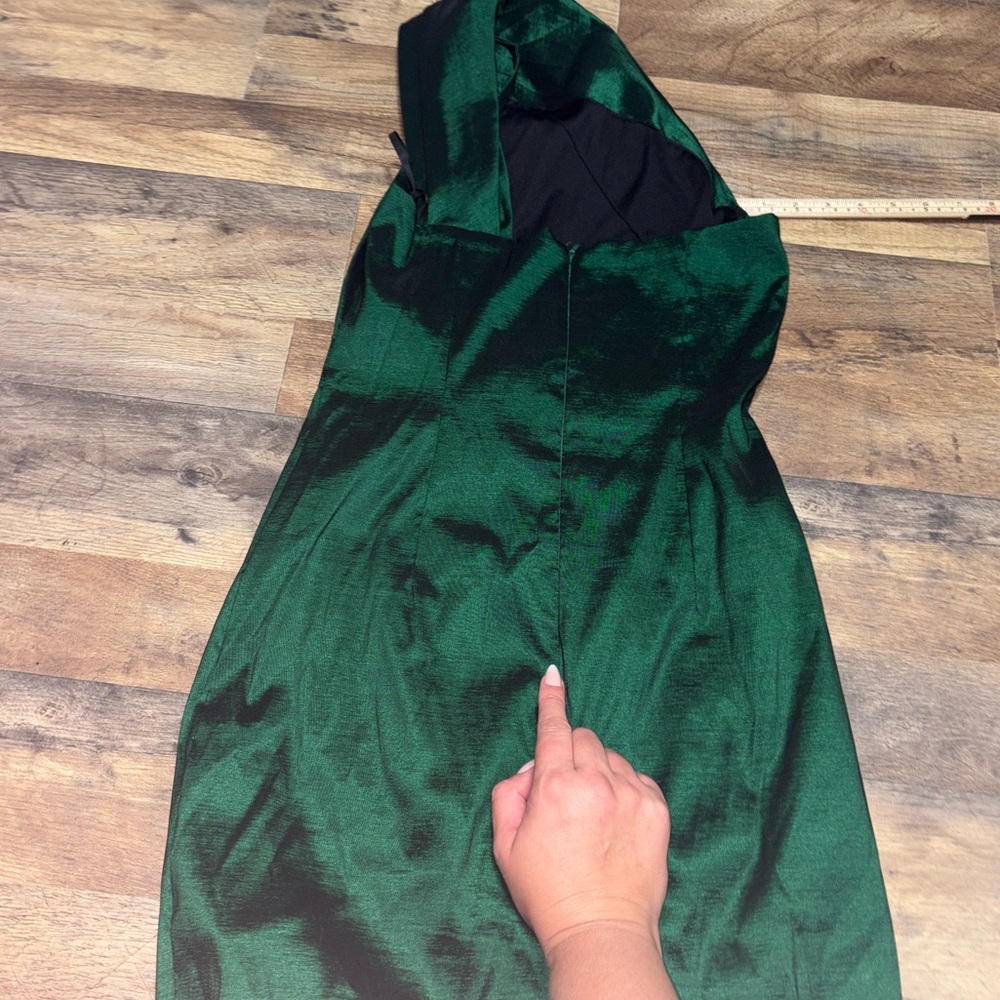Xscape by Joanna Chen Emerald Green Satin Cocktail Dress w/ Beaded Accent - Picture 7 of 8